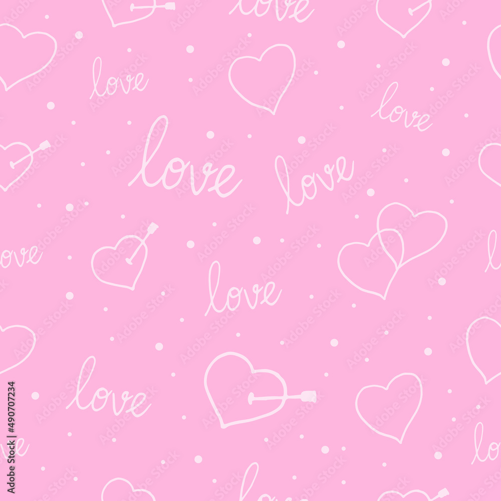 love-hand drawn lettering with heart illustration isolated on pink background. hand drawn vector, seamless pattern. doodle art for wallpaper, wrapping paper and gift, fabric, textile, backdrop. 
