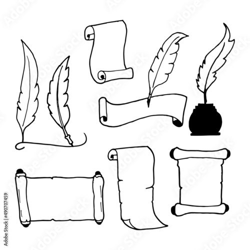 set of ancient paper and quill pen illustration isolated on white background. hand drawn vector. blank old paper. doodle art for wallapeper, logo, label, sticker, clipart, poster. editable paper. 