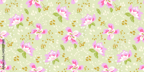 Vintage beautiful floral seamless pattern design, pretty pink flowers and green leaves on a pastel green background