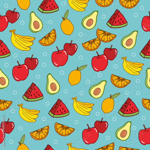 tropical fruit icon. avocado slice, watermelon, apple, banana, lemon and orange fruits illustration. hand drawn vector, seamless pattern. wrapping paper and gift, wallpaper, bakcdrop, fabric, textile.