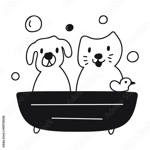 Dog and cat taking a bath. Outline icon. Vector illustration on white background.