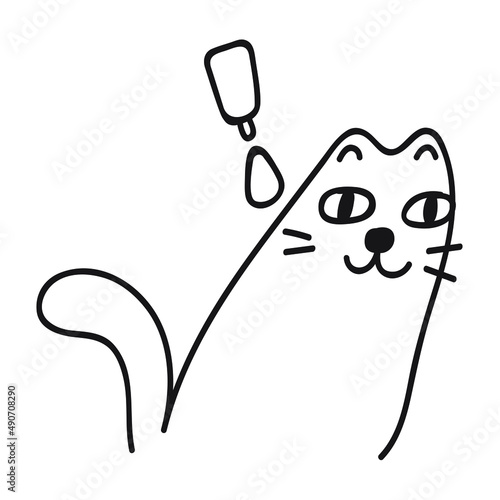 Outline vector icon. Cat take medicine against fleas.