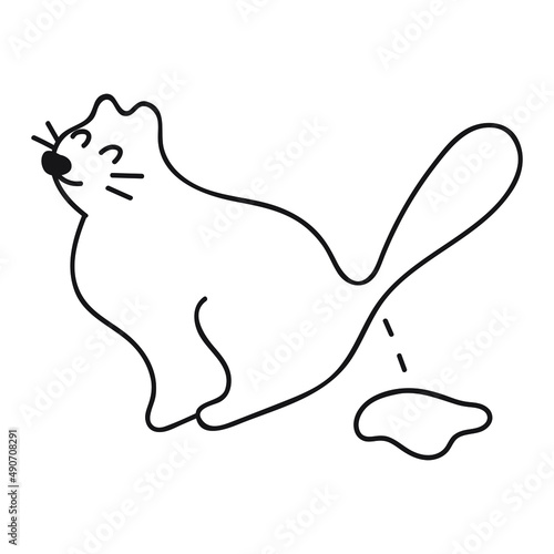 Smiling cat pee in wrong place. Bad behavior. Outline vector illustration.