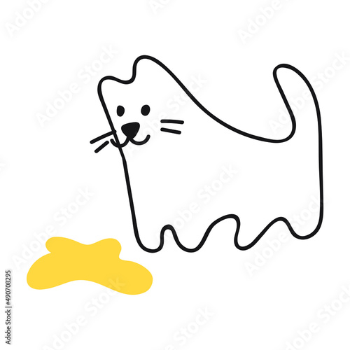 Cat looking at piss spot. Outline vector illustration on white background.