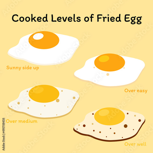 Hand drawn flat design vector; 4 cooked levels of fried egg (sunny side up, over easy, over medium, over well) isolated on light yellow 
color background. 