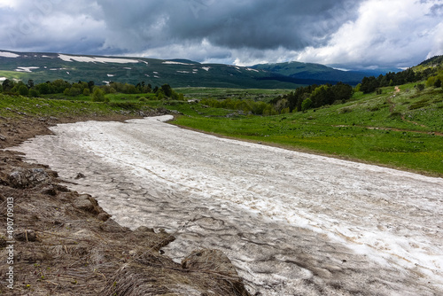 View of the glacier near the Lago-Naki plateau in Adygea. The Caucasus Mountains. Russia 2021