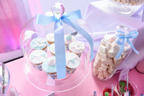 Tasty cupcakes on a sweet table at a wedding party