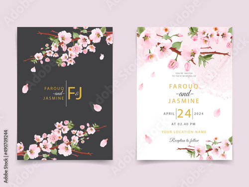 Wedding invitation card with pink sakura