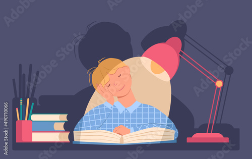 Little boy fell asleep in the evening at the table over a book. Schoolboy is tired. Lamp is standing nearby on the table. Shadow in the background. Vector illustration in flat style