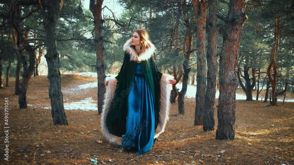 girl princess takes off hood looks around enjoys nature. Medieval fantasy vintage clothing long green velvet cape, warm coat with fur, woman queen walks in winter forest girl. Spring nature pine tree. girl princess takes off hood looks around enjoys nature. Medieval fantasy vintage clothing long green velvet cape, warm coat with fur, woman queen walks in winter forest girl. Spring nature pine tree.