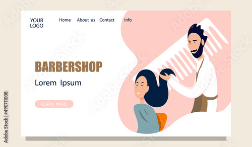 A male hairdresser does styling for a client.The template of the landing page user interface ,for the development of websites,web pages,posters,banners.Vector illustration of a beauty salon.