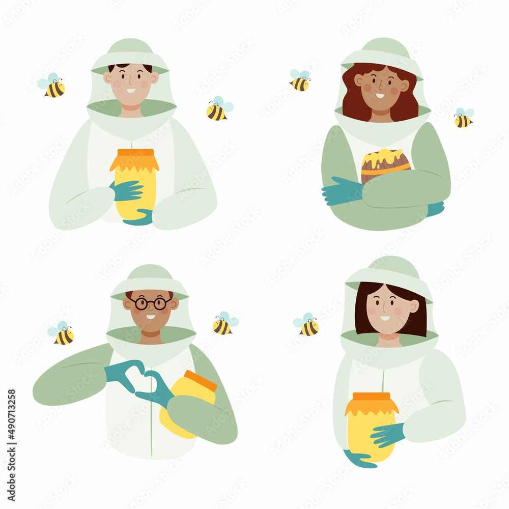Set of Beekeepers male and female characters in a bee protection suit with a jar of honey. Set of Beekeepers male and female characters in a bee protection suit with a jar of honey.