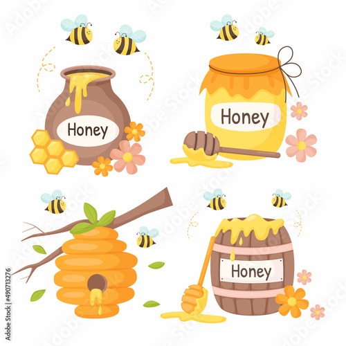 Set of honey concept elements. Collection of isolated illustrations for honey label, products, package design.