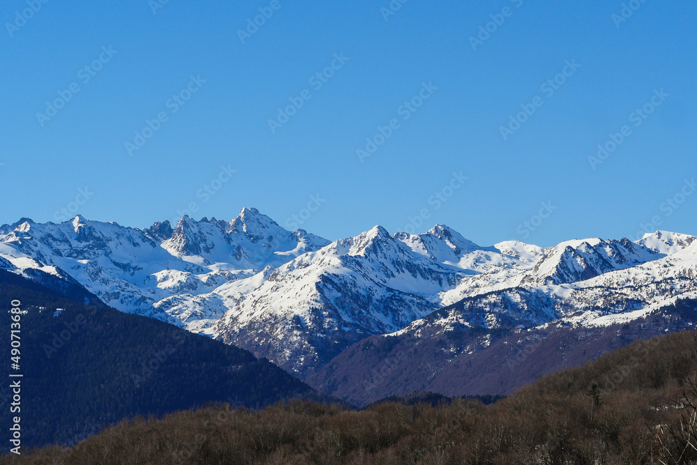 France, Ariege, Mountains Pyrenees, winter sports scene, skiers on the slopes, High quality 4k footage