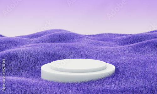 Indigo grass field with white cilinders. Podium. Summer landscape scene mockup. 3d illustration
