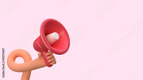 3d cartoon hand holding megaphone social media marketing vector illustration. Promotion advertising loudspeaker. Hiring background