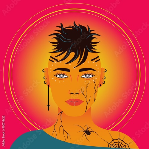 Woman portrait. Flat cartoon female face, hand drawn trendy girl, tattooed character avatar for social media. Vector illustration