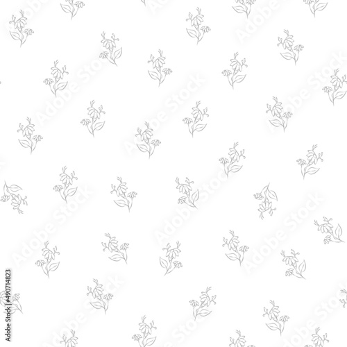 Vector gray and white illustration. Floral seamless pattern. Bouquet of wild flowers. Hand drawn flower field. Simple flowers. Flowering heads of field chamomile. Outline drawing.