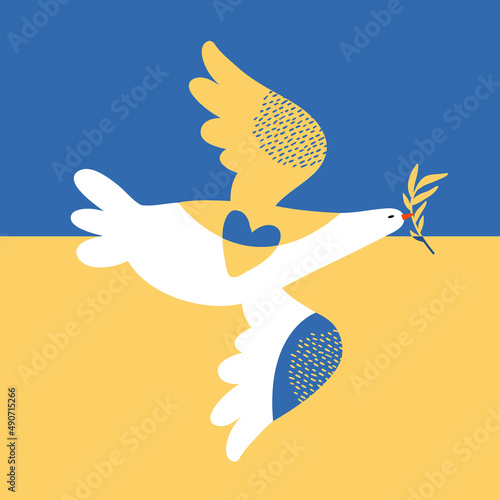 Pray for peace Ukraine. Stop War in Ukraine. Flying white dove of peace on the background of yellow and blue flag. Bird with olive branch. Conceptual vector flat illustration, banner, poster.