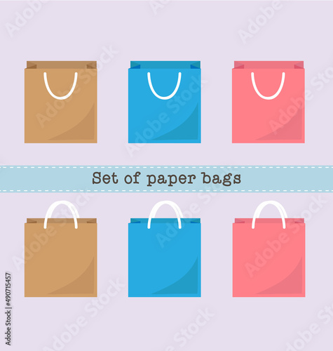 Set of paper bags, brown, blue, pink paper bags. Vector illustration. 