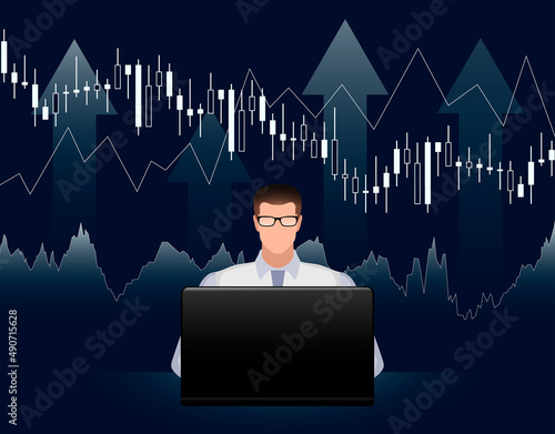 A stock market trader looking at the laptop. Broker working on the stock market. Vector illustration