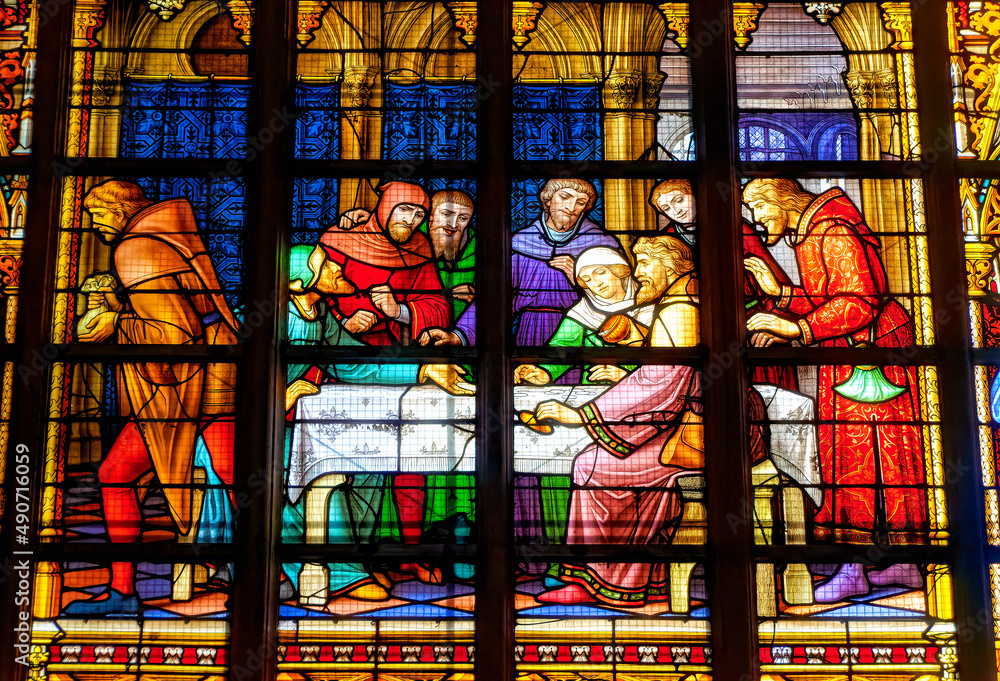 Stained glass decoration inside the Cathedral in Brussels, Belgium.