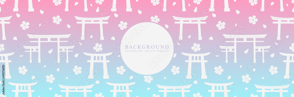 Japanese seamless pattern with sakura and torii gate. Vector festive hanami texture background. Japanese seamless pattern with sakura and torii gate. Vector festive hanami texture background.