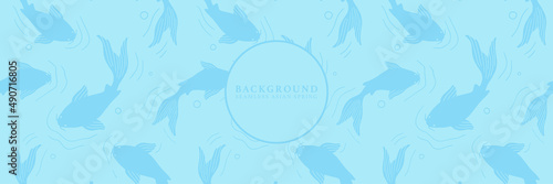 Japanese seamless pattern with koi fish in the pond. Vector spring lake texture background.