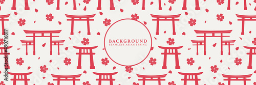 Japanese seamless pattern with sakura and torii gate. Vector spring hanami texture background.