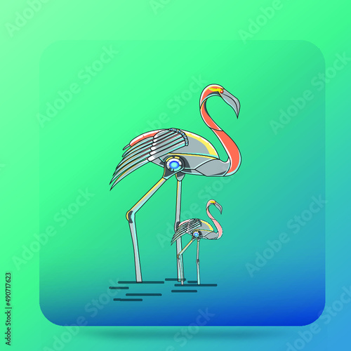 cute robotic style flamingo bird illustration. robotic flamingos 