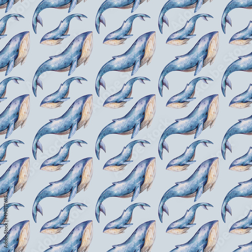 Seamless pattern with hand-drawn watercolor illustrations. Whale  blue  whales  sea.Texture for wrapping paper  fabric  decor.