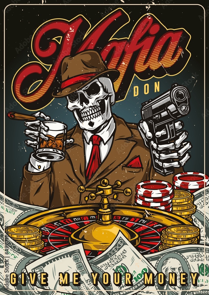 Obraz premium Mafia poster with rich skeleton in casino