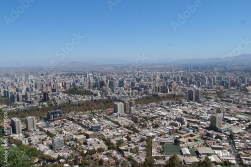 Aerial view of the skyscrapers of the city of Santiago, Chile during the day.
