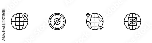 Set of vector icons on theme Location. Icons of Globe, Route, Location, Compass are shown. Vector sign in simple style isolated on white background.