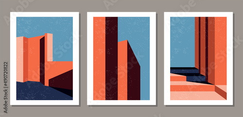 Set of contemporary geometry architecture posters in mid century modern style