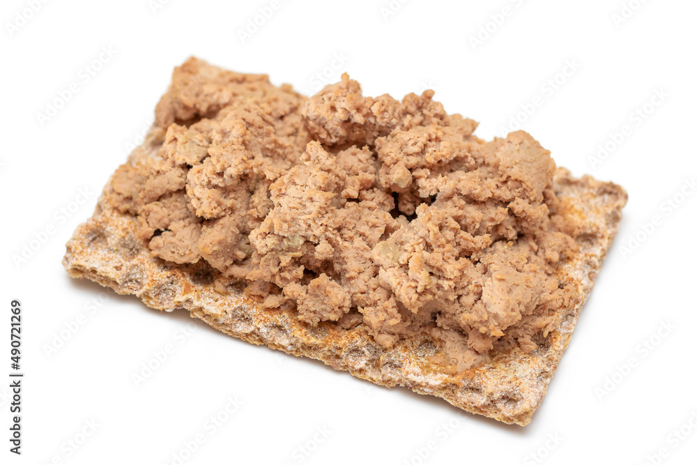 Crispy Sandwich with Chicken Pate Isolated on White Background. Whole Grain Bread with Liver Pate. Diet Breakfast and Healthy Food