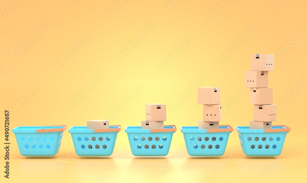 Obraz premium Stacks shopping baskets with cardboard boxes. Realistic 3d set plastic turquoise supermarket carts filled of carton package, isolated on yellow background. Delivery goods from online shop or market