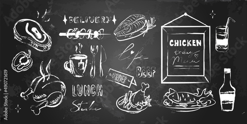 Vector food and cafe menu set with handwritten words and frames. White chalk lines on blackboard, chalkboard.