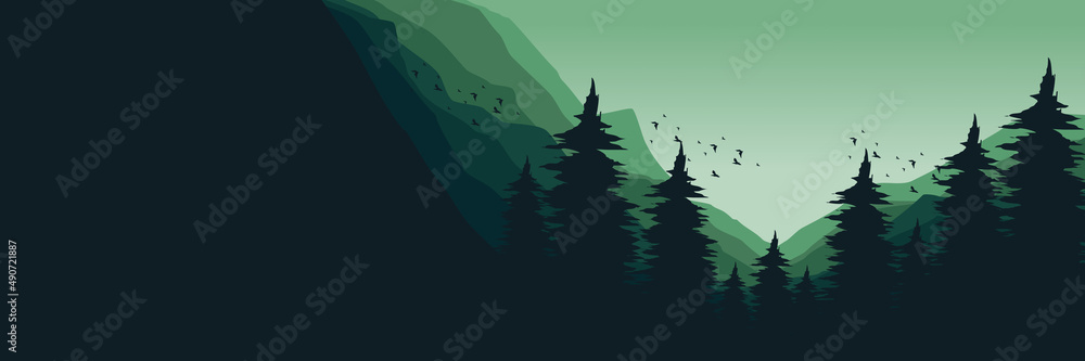 creative minimalist sunset mountain landscape flat design illustration vector for banner background, web background, apps background, tourism design template and adventure backdrop