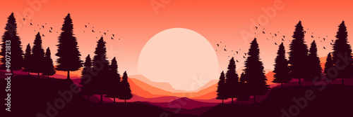 sunrise in mountain landscape flat design vector illustration good for web banner, ads banner, tourism banner, wallpaper, background template, and adventure design backdrop