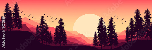 sunrise in mountain landscape flat design vector illustration good for web banner, ads banner, tourism banner, wallpaper, background template, and adventure design backdrop