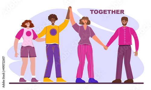 Unity concept. Different people unite together. Join hands and pieces