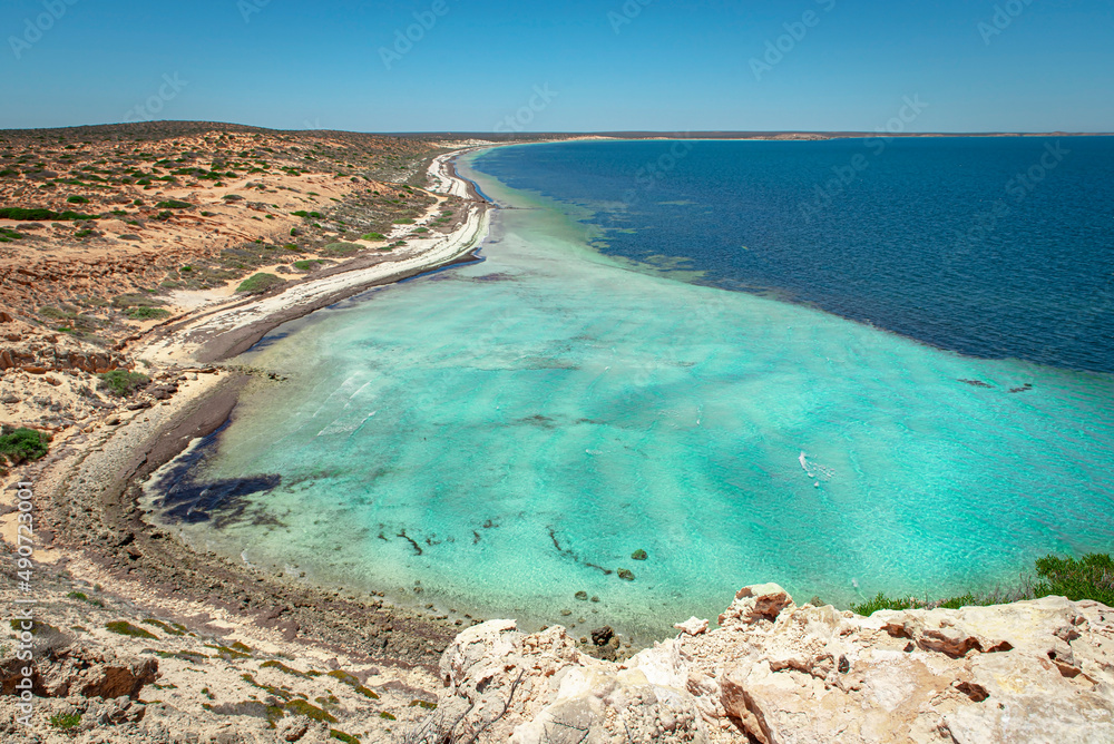 Scenic view of Indian ocean with turquoise water. Tropical landscape at Eagle Bluff lookout, Shark Bay World Heritage Site, Western Australia