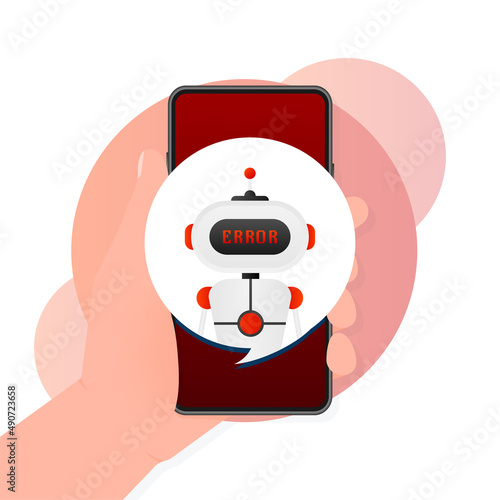 Error chatbot glyph icon. Silhouette symbol. Talkbot with error in speech bubble. Error bot. Artificial intelligence