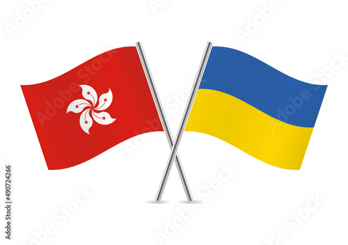 Hong Kong and Ukraine crossed flags. Hong Kong (HKSAR) and Ukrainian flags, isolated on white background. Vector icon set. Vector illustration.
