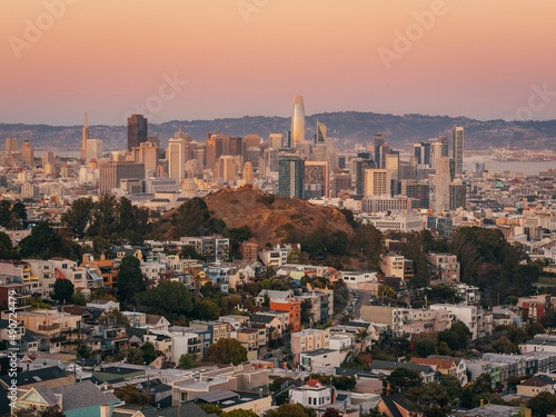 View of the downtown skyline at sunset, from Tank Hill, in San Francisco, California