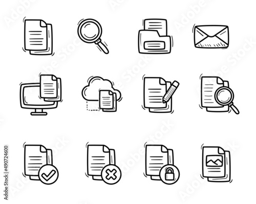 Set of document icon in cute doodle style isolated on white background