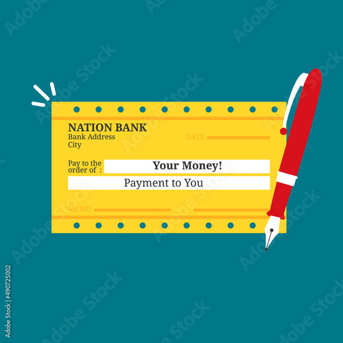 Bank check payment vector illustration. Bank cheque payment icon with pen concept design cartoon vector illustration.