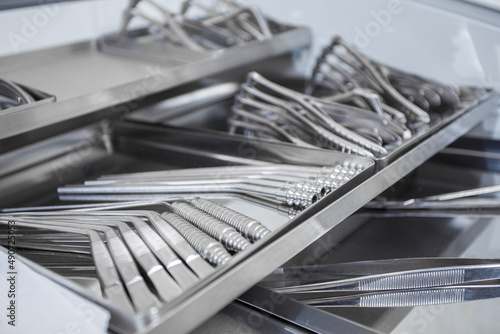 Instruments for cardiothoracic and vascular surgery in a steel tray photo