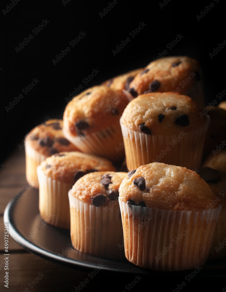 Close up or macro photography, vanilla cupcakes with chocolate chips on a white plate over a wooden table in front of a window. concept of homemade sweet bread Close up or macro photography, vanilla cupcakes with chocolate chips on a white plate over a wooden table in front of a window. concept of homemade sweet bread
